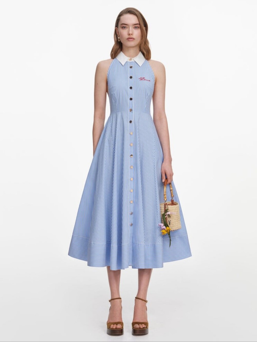 Self Portrait Blue Striped Cotton Midi Dress - Picture 1 of 13
